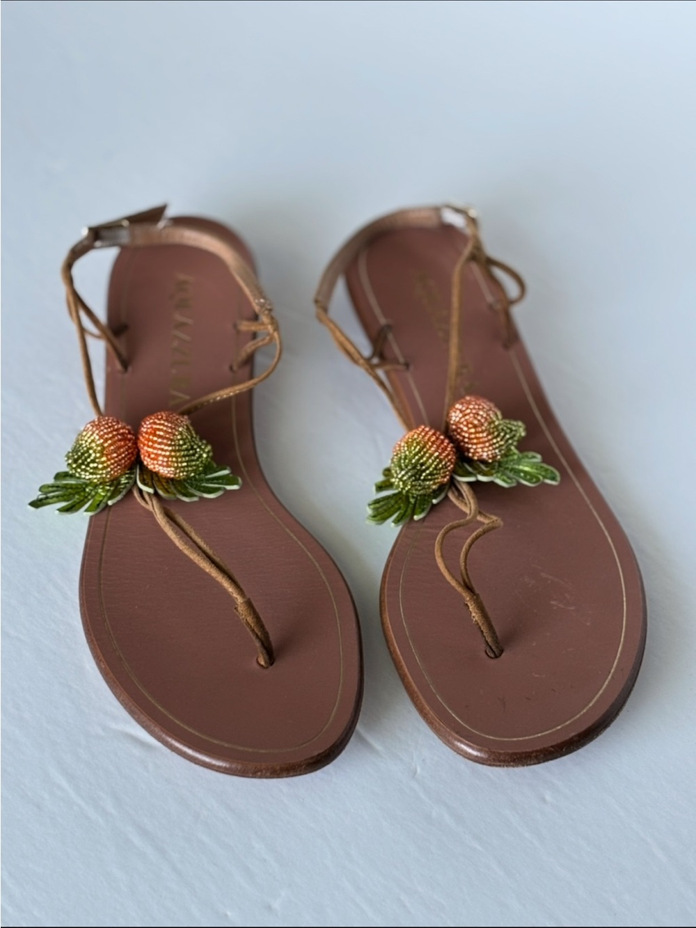 Aquazzura Brown Leather T-Strap Sandals with Beaded Floral Accents